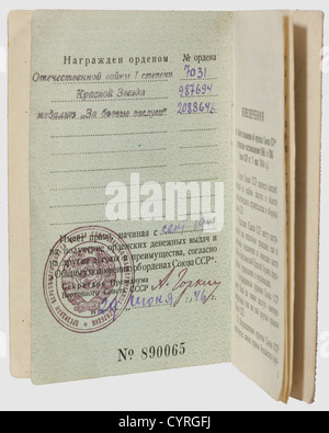 Soviet Union - Order of the Patriotic War,1st Class,1st Type,3rd Variation Gilt silver,gold,enamel. Engraved award number '7931' on the reverse at the 7-8 o'clock position. On a rectangular clasp with nickeled non-ferrous metal screw plate with regional designation. Included is the award booklet with entry for the award with this number as well as entries for the Order of the Red Star and the Medal for Combat Merit,issued 1946,historic,historical,1930s,20th century,medal,decoration,medals,decorations,badge of honour,badge of honor,badges of hon,Additional-Rights-Clearences-Not Available Stock Photo