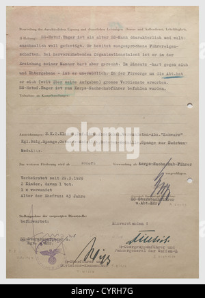 Joachim Peiper,Theodor Wisch,and Sepp Dietrich,a recommendation for the promotion of Konrad Unger 1943 Pre-printed form with typed entries,dated 'Leibstandarte SS Adolf Hitler,II./SS-Panz.-Rgt.1,Abt.Gef.St,den 25.November 1943'.Recommendation for the promotion to Sturmbannführer with immediate assignment as corps supply commander.The back with Detachment Commander Gross's assessment of Unger('as experienced SS man of solid character and ideology ...has strong leadership skills ...in action relentless against himself and subordinates ...earned grea,Additional-Rights-Clearences-Not Available Stock Photo