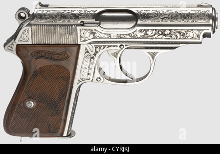 Walther PPK ZM,engraved,nickel-plated,in its case,circa 1937,cal. 7.65 mm,no. 930672. Bright bore. Proof mark: crown/'N'. 90ø safety. Standard inscription. Factory floral engraving and nickel-plating on all parts. Original,mottled brown grip panel. Nickel-plated magazine,engraved base. Near mint overall condition. Comes with a brown case,dimensions 20 x 15 x 5 cm,inlaid with green,yellowed velvet,inside lid in gold print 'WALTHER PPK',contents: three dummy cartridges,nickel-plated cleaning rod as well as nickel-plated spare magazine(hard to push ,Additional-Rights-Clearences-Not Available Stock Photo