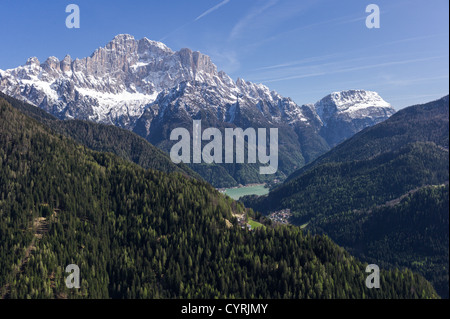 Italy, Dolomites, Veneto, panoramic view on Monte Civetta and Alleghé lake from Colle Santa Lucia Stock Photo