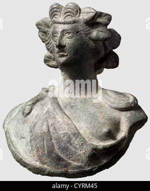 A Roman bust of Dionysos, 1st/2nd century A.D. Bronze with greenish patina. Representation of the young god, an animal skin draped over his shoulder, and a wreath of wine leaves on his head. Height 9.5 cm, historic, historical, ancient world, ancient world, ancient times, object, objects, stills, clipping, cut out, cut-out, cut-outs, sculpture, sculptures, statuette, figurine, figurines, statuettes, fine arts, art, Additional-Rights-Clearences-Not Available Stock Photo