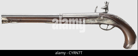 A French silver-mounted flintlock pistol,circa 1780. Two-stage barrel,octagonal then round after a cut girdle,with smooth bore in 15 mm calibre. Flintlock with cut tendrils. Carved walnut stock with silver furniture,the escutcheon with a crowned coat of arms. Wooden ramrod with silver tip and iron bullet puller. Length 46 cm,historic,historical,18th century,civil handgun,civil handguns,handheld,gun,guns,firearm,fire arm,firearms,fire arms,weapons,arms,weapon,arm,object,objects,stills,clipping,clippings,cut out,cut-out,cut-outs,Additional-Rights-Clearences-Not Available Stock Photo