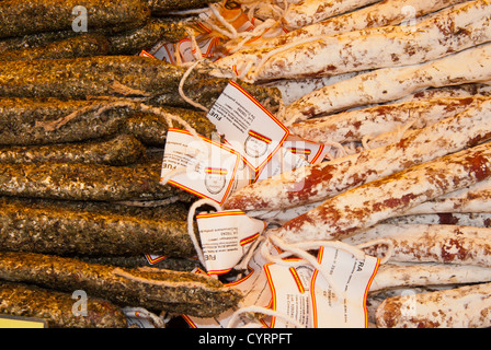 Fuet (is a Catalan thin, cured, dry sausage of pork meat in a pork gut), Spanish cooking, Spain Stock Photo