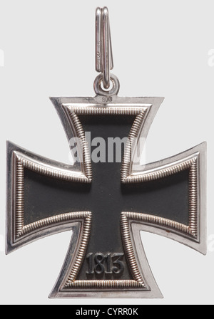 Generalmajor Gustav Adolf von Nostitz-Wallwitz,a Knight's Cross of the Iron Cross 1939,in case with two neck ribbons Blackened magnetic iron centre with edge-high swastika.Typical production for maker Klein & Quenzer.Silver frame with '800' mark of fineness,the suspension ring likewise marked '800' and '65',the Präsidialkanzlei number for Family Klein & Quenzer(Nie 7.03.08c).Black award presentation case with black velvet insert,the inside lid lined with white silk.The case is in near-mint condition,the lid with a slight bulge.Inside is a 54 cm leng,Additional-Rights-Clearences-Not Available Stock Photo