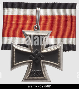 Generalmajor Gustav Adolf von Nostitz-Wallwitz,a Knight's Cross of the Iron Cross 1939,in case with two neck ribbons Blackened magnetic iron centre with edge-high swastika.Typical production for maker Klein & Quenzer.Silver frame with '800' mark of fineness,the suspension ring likewise marked '800' and '65',the Präsidialkanzlei number for Family Klein & Quenzer(Nie 7.03.08c).Black award presentation case with black velvet insert,the inside lid lined with white silk.The case is in near-mint condition,the lid with a slight bulge.Inside is a 54 cm leng,Additional-Rights-Clearences-Not Available Stock Photo