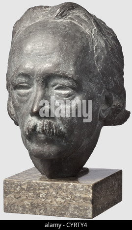 Professor Kurt Schmid-Ehmen (1901 - 1968), a bronze bust of the pianist and composer Josef Pembaur (1875-1950) Dark bronze head with high forehead and delicate facial features, signed 'Sch. E.', mounted on a grey, vividly structured stone plinth, overall height 38 cm. Also a bronze portrait plaque of Pembaur with Schmid-Ehmen's signature and the inscription 'Dresden April-Mai 1931', diameter 11.5 cm. With an official letter of purchase for a Pembaur portrait bust from 30th October 1940 by Gauleiter Adolf Wagner, a b/w picture of the bust and a b/w picture showi, Stock Photo