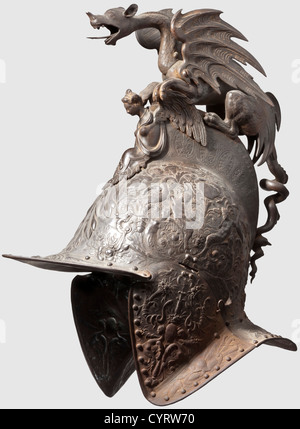 A German or French parade helmet,in Renaissance style,circa 1860 Two-piece skull profusely decorated in relief,of cast iron. The obverse of the comb with a caryatid surmounted by a three-dimensional dragon with screwed wings. With attached cheek-pieces(both hinges defect). Height without cheek-pieces 39 cm. HIgh-quality iron casting modelled after a helmet of the Chimera armour garniture housed in the Musée de lïArmée in Paris,historic,historical,19th century,defensive arms,weapons,arms,weapon,arm,fighting device,object,objects,stills,clipping,,Additional-Rights-Clearences-Not Available Stock Photo
