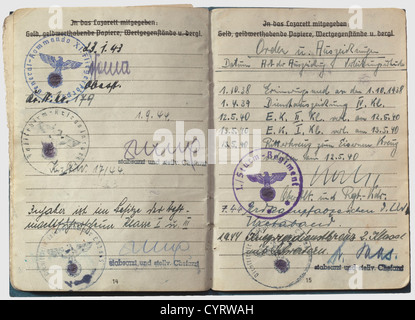 Knight's Cross winner Dr. Rolf Jäger(1912 - 1984),a Soldbuch(pay document)and an identification disc The Soldbuch proceeds in an orderly manner with entries from 26 August 1939 until the final entry on 1 May 1946,while in British captivity. Full of entries,for example in regards to awards: Commemorative Medal of 1 October 1938,Long Service Award 4th Class,Iron Cross 2nd and 1st Class of 1939,Knight's Cross of the Iron Cross,Luftwaffe Ground Combat Badge,War Merit Cross 2nd and 1st Class with Swords. After the war,and while in British captivity,Jäge,Additional-Rights-Clearences-Not Available Stock Photo