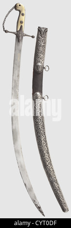 A Swedish silver-mounted sabre à la mameluke,circa 1820 Heavy,single-edged,forge-welded Damascus steel blade with the Arabic maker's mark inlaid in gold on the reverse side.Silver quillons with relief ornamentation and a side chain,loose at the pommel.Ivory grip scales with silver ferrule and decorative rivets.Wooden scabbard covered with shagreen leather and with heavy silver mountings embossed with floral designs.There are silver rings attached to both suspension bars.The quillons,chape and locket bear Swedish silver hallmarks and are stamped 'TALEN,Additional-Rights-Clearences-Not Available Stock Photo