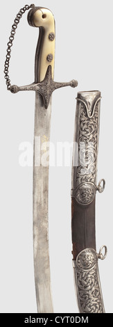 A Swedish silver-mounted sabre à la mameluke,circa 1820 Heavy,single-edged,forge-welded Damascus steel blade with the Arabic maker's mark inlaid in gold on the reverse side.Silver quillons with relief ornamentation and a side chain,loose at the pommel.Ivory grip scales with silver ferrule and decorative rivets.Wooden scabbard covered with shagreen leather and with heavy silver mountings embossed with floral designs.There are silver rings attached to both suspension bars.The quillons,chape and locket bear Swedish silver hallmarks and are stamped 'TALEN,Additional-Rights-Clearences-Not Available Stock Photo