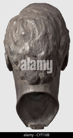 Friedrich Nietzsche (1844 - 1900), a portrait bust by Friedrich Rogge 1943 Bronze with dark patina, the larger-than-life portrayal signed at the nape 'J.F. Rogge', the plinth with foundry stamp 'Lenz'. Height ca. 53 cm. This bust and the following death mask were made for the Nietzsche memorial, which was planned in Weimar and was to house the Nietzsche archive. Dr. Johannes Friedrich Rogge (1898 - 1983) first studied sciences before dedicating himself to the fine arts from 1922 onwards. In spite of the critical acclaim he gained at the Berlin art exh, Artist's Copyright has not to be cleared Stock Photo