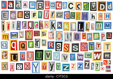 Colorful alphabet made of magazine clippings and letters . Isolated on white. Stock Photo