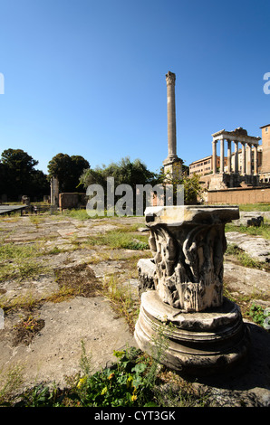 Ruin with the Column of Phocas and the Temple of Saturn in the background - Roman Forum, Italy Stock Photo