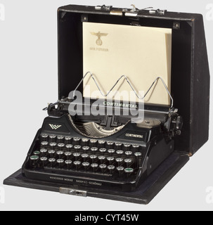 Gertraud 'Traudl' Junge(1920 - 2002),a Continental typewriter with 4 mm antiqua font for Adolf Hitler Wanderer Works,Siegmar-Schönau,registration number 'R348995'. Black varnished housing,keys functional,complete with colour ribbon. The letters are in special issue 4 mm size,to correct for Hitler's hyperopia(see also Hitler's reading glasses,Lot xxxx). In the original case,dimensions ca. 33 x 33 x 14 cm. Provenance: Haucke Collection,Wolfenbüttel. Included is an in-depth,signed letter from Traudl Junge to Haucke dated 1970,wherein she gives thanks ,Additional-Rights-Clearences-Not Available Stock Photo