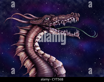 Illustration of a fierce dragon with a star filled night sky Stock Photo