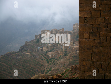 Shahara Fortified Village Above The Terrace Cultivation, Yemen Stock Photo