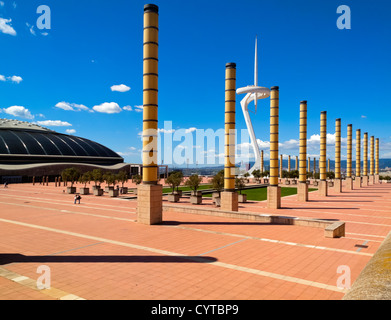 View across the Olympic park at Montjuic Barcelona Spain towards the Calatrava Telecommunications tower built 1992 Stock Photo