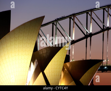 Sydney Opera House and Harbour Bridge with people on the Bridge Climb Sydney New South Wales Australia Stock Photo