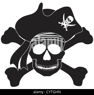 Skull with Captain Pirate Hat and Cross Bones Black and White Illustration Stock Photo