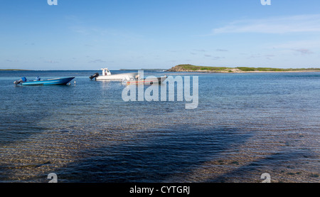 View in St Martin at Baie de l Embouchure with boats moored in lines Stock Photo