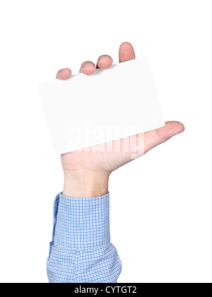 Blank card in human hand, isolated on white. Stock Photo