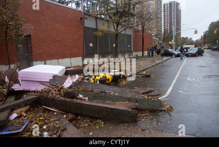 Debris that washed up in Manhattans East Village during flooding from Superstorm Sandy. Right in front of the Con Ed power plant Stock Photo