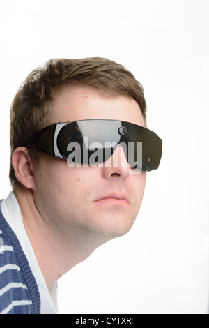 Man wearing futuristic eye glasses on white background Stock Photo