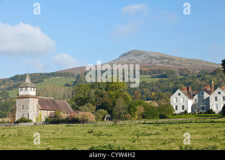 Church of St Mary and Bitterley Court, near Ludlow, looking towards Titterstone Clee Hill, Shropshire, England, UK Stock Photo