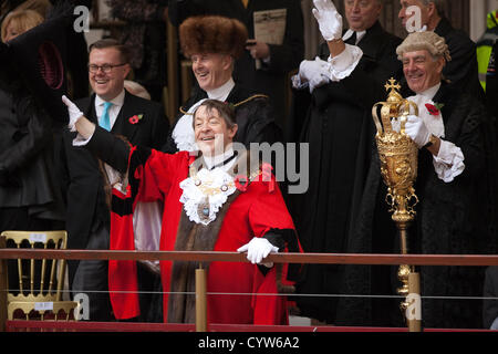 The Lord Mayor's Show Saturday 10 November 2012. Mansion House, City of London, UK. Picture shows The Lord Mayor's Show outside Mansion House, where Alderman Roger Gifford begins his role as The Lord Mayor, who serves a one-year, unpaid term, plays an ambassadorial role for the Square Mile, typically spending three months abroad promoting the finance industry as well as receiving delegations in London, City of London, England, UK. Stock Photo