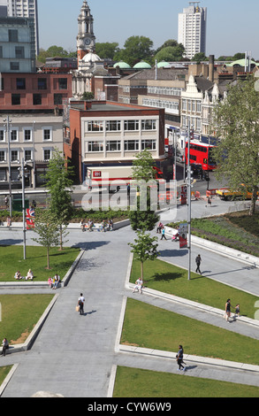 General Gordon Place, Woolwich, UK. A modern, landscaped town square with wide pavements, water feature and grass areas. Stock Photo