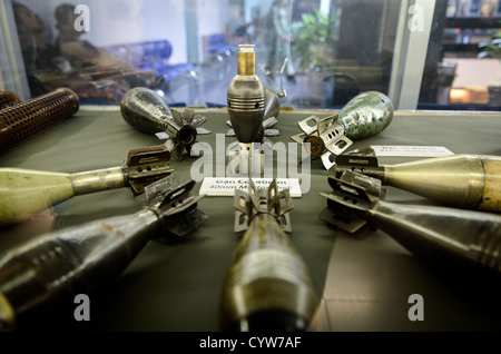 War Remnants Museum Mortar Shells Ho Chi Minh City Vietnam // HO CHI MINH CITY, Vietnam — A collection of mortar shells and military weapons from the Vietnam War period is displayed at the War Remnants Museum. The exhibit showcases various types of ordnance used during the conflict. The museum maintains these military artifacts as part of its permanent collection documenting the war. Stock Photo