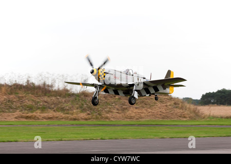 North American P51-D Mustang 'Janie' LH-F 414419 G-MSTG landing at Breighton Airfield Stock Photo