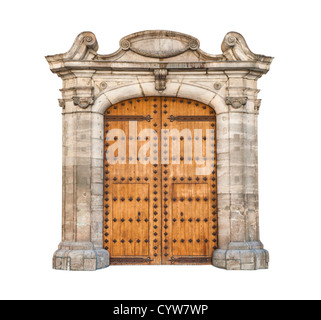 Wooden double doors with iron details. Beautiful stone arch designed in gothic style. Massive doorway isolated on white Stock Photo