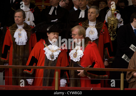 Newly-elected Alderman and Rt Hon The Lord Mayor of London, Roger Gifford (L), a merchant banker with Swedish bank SEB during the Lord Mayor's Show. Stock Photo