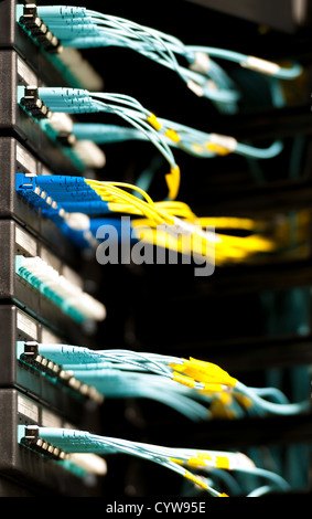 Internet service provider equipment. Focus on panel with optic cables connected to panel in datacenter. Network server room. Stock Photo