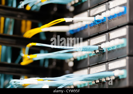 Internet service provider equipment. Focus on panel with optic cables connected to panel in datacenter. Network server room. Stock Photo