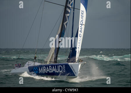 Les Sables d'Olonne (France), 10th november 2012. British sailor Samantha Davies (Savéol). 20 skippers took the start of 7th Vendée Globe, singlehanded sailing race around the world, without any stop. Photo Frédéric Augendre. Stock Photo