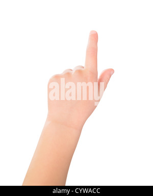 A little girl's hand touches the virtual screen. Touch screen gesture. Isolated on white. Stock Photo