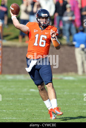 Nov. 10, 2012 - Charlottesville, Virginia, UNITED STATES - Virginia Cavaliers quarterback Michael Rocco (16) throws a pass during the game against the Miami Hurricanes at Scott Stadium in Charlottesville, VA. Virginia won 41-40. (Credit Image: © Andrew Shurtleff/ZUMAPRESS.com) Stock Photo