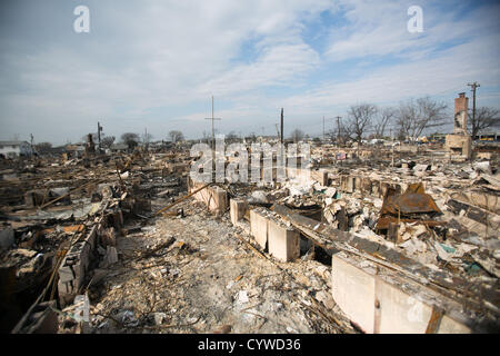 Nov. 10, 2012 - Breezy Point, New York - What remains of a section of burned out homes in Breezy Point, New York on Saturday November 10, 2012 nearly two weeks after Hurricane Sandy devastated the area. (Credit Image: © Nicolaus Czarnecki/ZUMAPRESS.com) Stock Photo