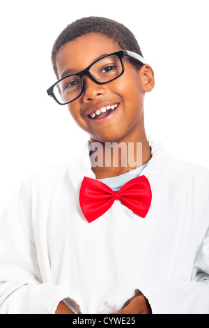 Portrait of happy clever school boy, isolated on white background. Stock Photo