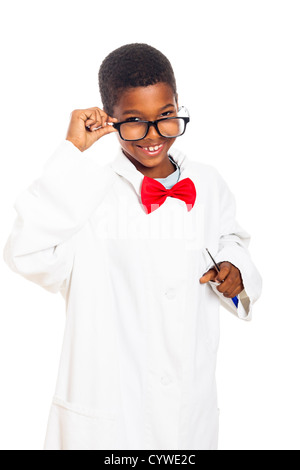 Cute happy clever scientist school boy, isolated on white background. Stock Photo