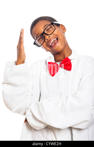 Funny clever scientist school boy gesturing, isolated on white background. Stock Photo