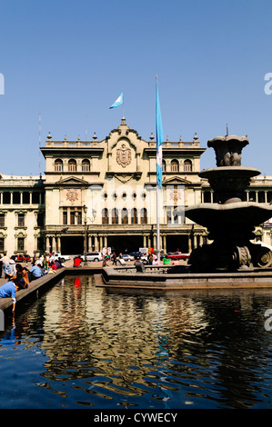 GUATEMALA CITY, Guatemala - The fountain in front of the National Palace of Culture on the northern end of Parque Central (officially the Plaza de la Constitucion) in the center of Guatemala City, Guatemala. Stock Photo