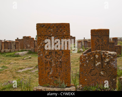 Khatchkar (cross-stone) field in Noratus Stock Photo