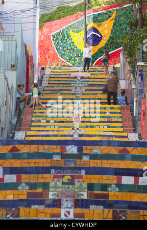 People on Selaron Steps (Escadaria Selaron), Lapa, Rio de Janeiro, Brazil Stock Photo