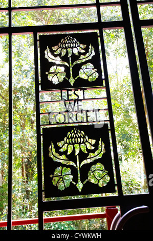 Lest We Forget' sign on door at Prisoner of War camp, Sandakan Memorial Park, Borneo Stock Photo