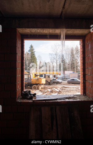 construction site building winter crane progress Stock Photo