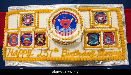 A birthday cake for the Marines and sailors assigned to the 26th Marine Expeditionary Unit (MEU), sits on a table during a U.S. Stock Photo