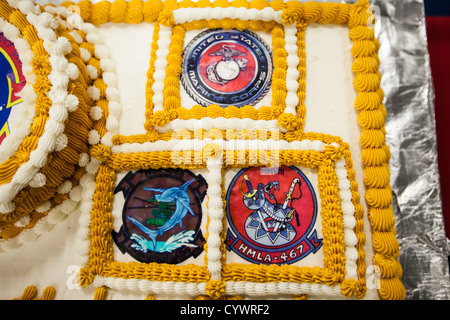 A birthday cake for the Marines and sailors assigned to the 26th Marine Expeditionary Unit (MEU), sits on a table during a U.S. Stock Photo